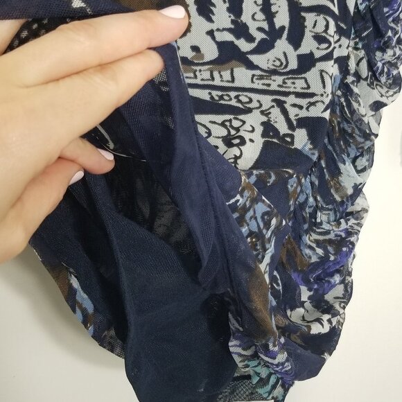 Tribal Sheer Arms Abstract Blue Brown Top 3/4 Sleeves Business Casual XSmall - Picture 3 of 10